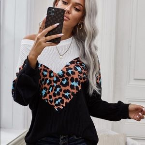 Black Colorblock Leopard Waffle Knit Top